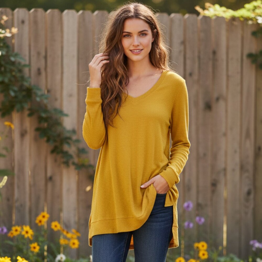 NEW Adrianna Papell M Canary Yellow V Neck Tunic Top Boho Cottage Cozy Earthy
